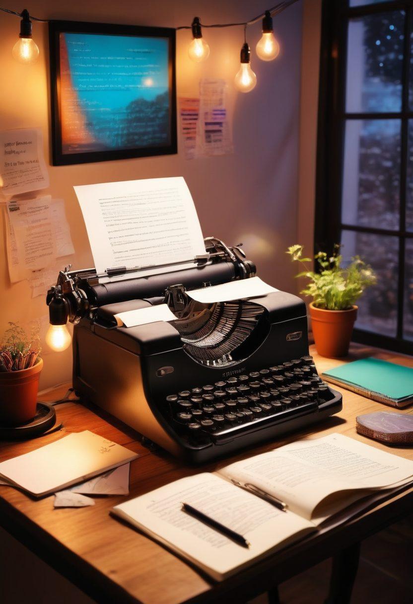 A creative workspace adorned with a typewriter, scattered pages of handwritten notes, and a laptop displaying an article draft. A light bulb hanging above symbolizes ideas sparking into action, with a colorful flow of thought bubbles transforming into text streams. The scene is bright and inviting, radiating inspiration for writers. super-realistic. vibrant colors. warm lighting.