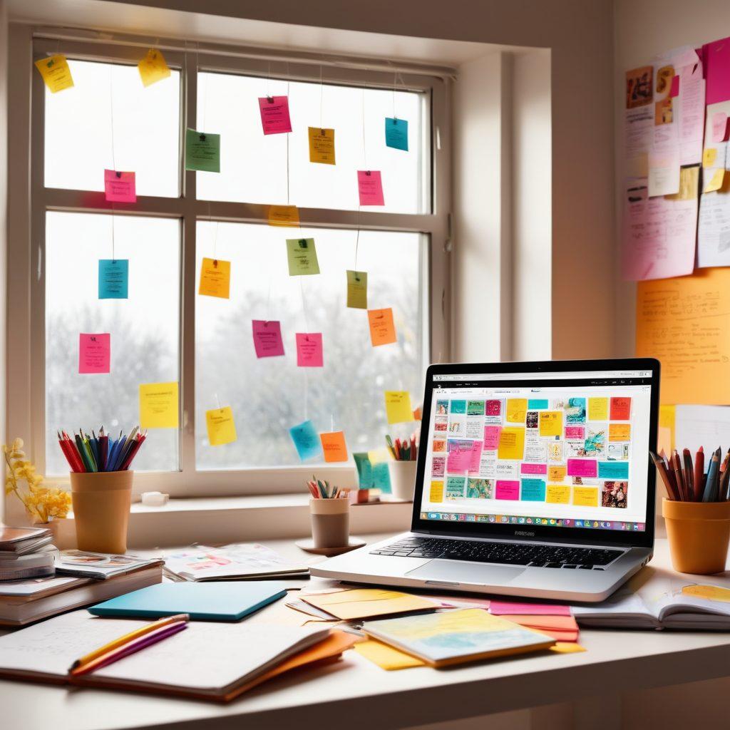 A vibrant digital workspace featuring an open laptop with an online journal interface, surrounded by colorful sticky notes and art supplies. In the background, a creative mind flows with bright ideas illustrated as light bulbs and abstract shapes, symbolizing inspiration. Warm sunlight streams through a window, casting playful shadows. The atmosphere is inviting and imaginative, encouraging creativity. super-realistic. vibrant colors. white background.