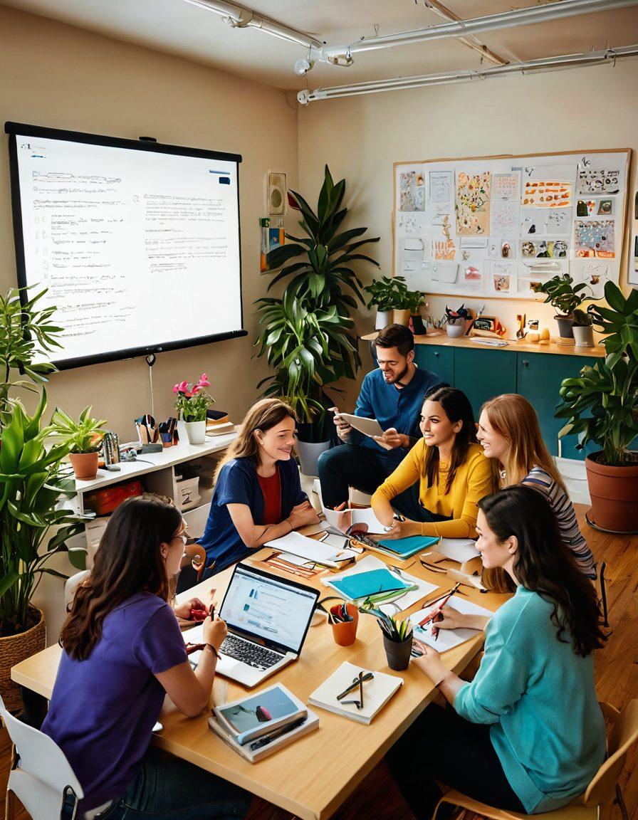 A vibrant, diverse group of people gathered in a cozy, creative workspace, enthusiastically sharing ideas and artwork. Colorful art supplies scattered around and a large whiteboard filled with creative concepts in the background. Soft, warm lighting creates an inviting atmosphere, with plants and cozy seating enhancing the communal vibe. A digital device displaying online connections and community interaction is present. vibrant colors. illustration style. cozy atmosphere.
